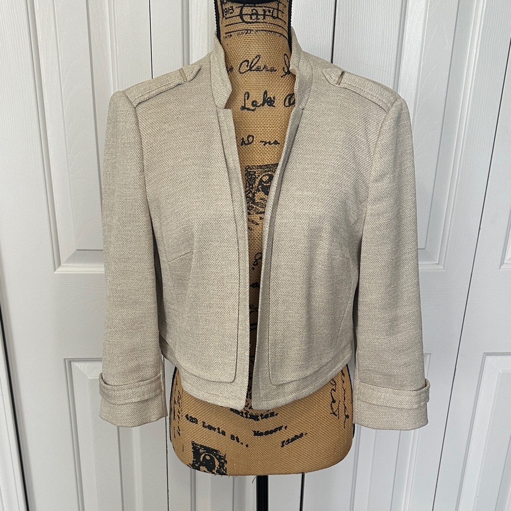 WHBM Tan Tweed Cropped 3/4 Sleeve Blazer